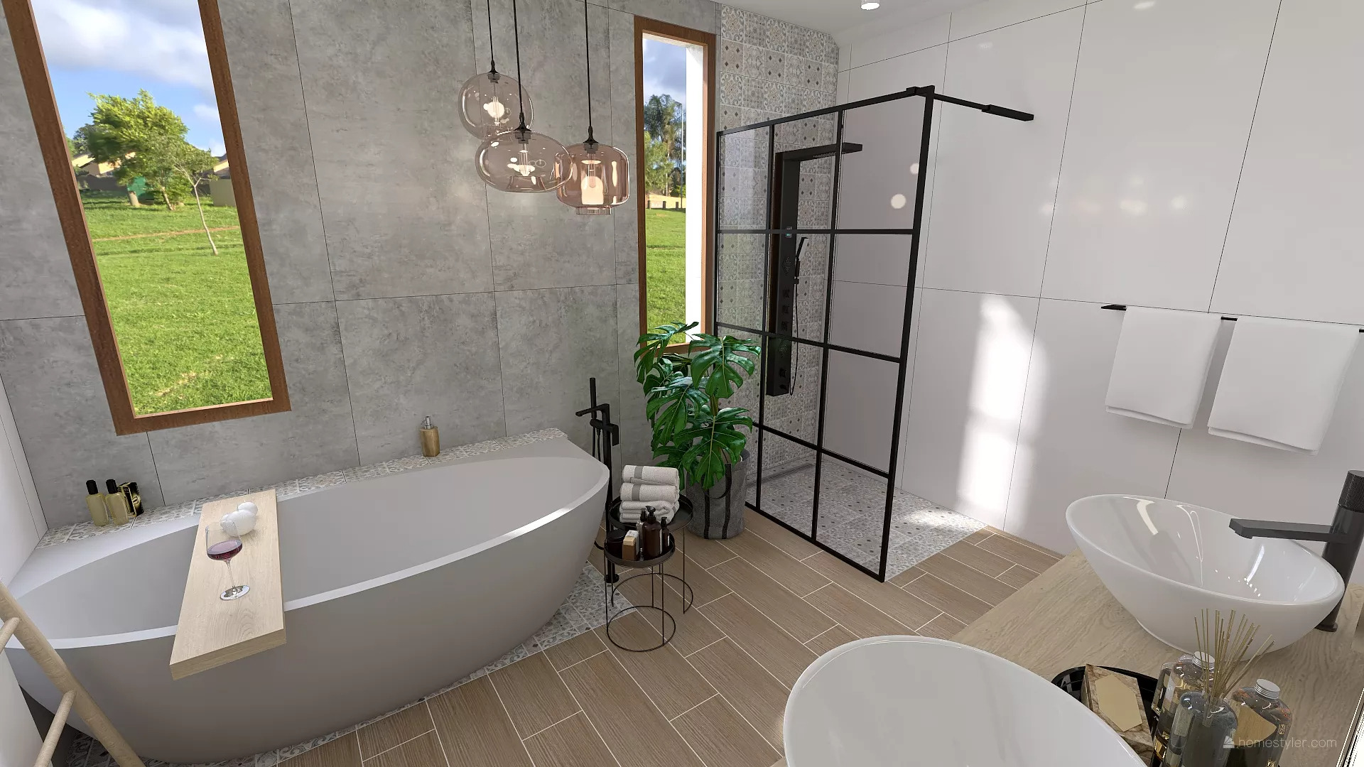 Wizualizacja nowoczesnej łazienki z wolnostojącą wanną, kabiną prysznicową typu walk-in z czarnymi profilami, dwiema umywalkami nablatowymi, drewnianą podłogą i oknem z widokiem na zieleń.