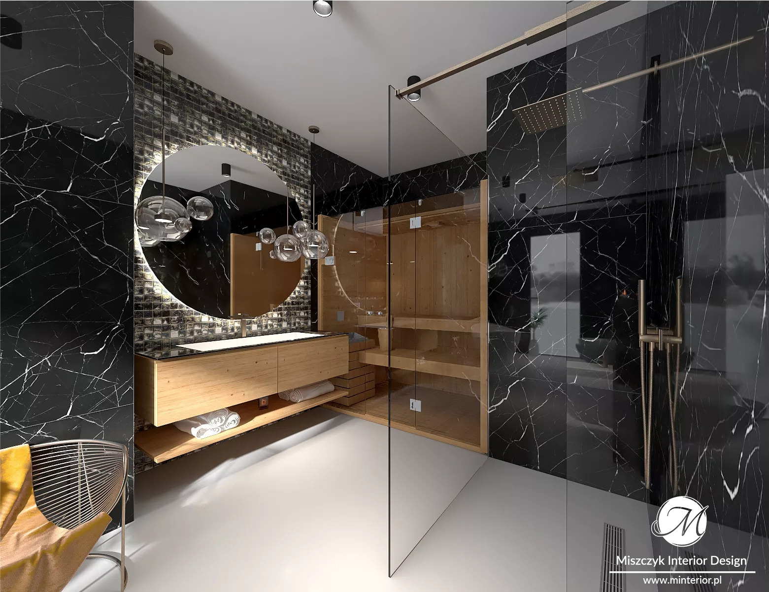 Nowoczesna łazienka z czarnymi marmurowymi ścianami, drewnianą szafką pod umywalkę z okrągłym lustrem podświetlanym LED, kabiną prysznicową ze szklaną ścianą i sauną w tle.