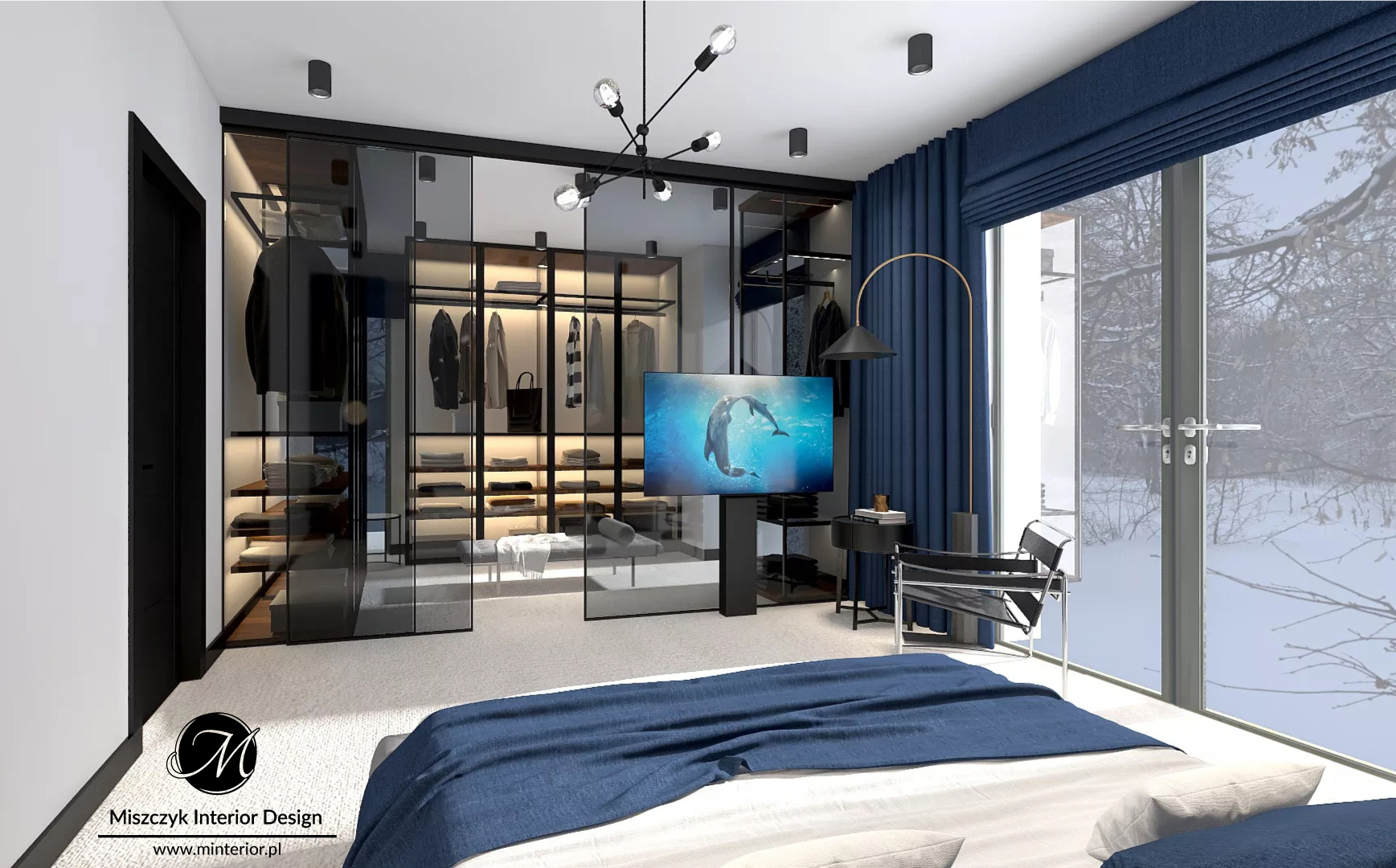 Nowoczesna sypialnia z przeszkloną garderobą, oświetleniem punktowym i dekoracyjną lampą wiszącą, telewizor z motywem delfinów, fotel Barcelona i widok na zimowy krajobraz za oknem.