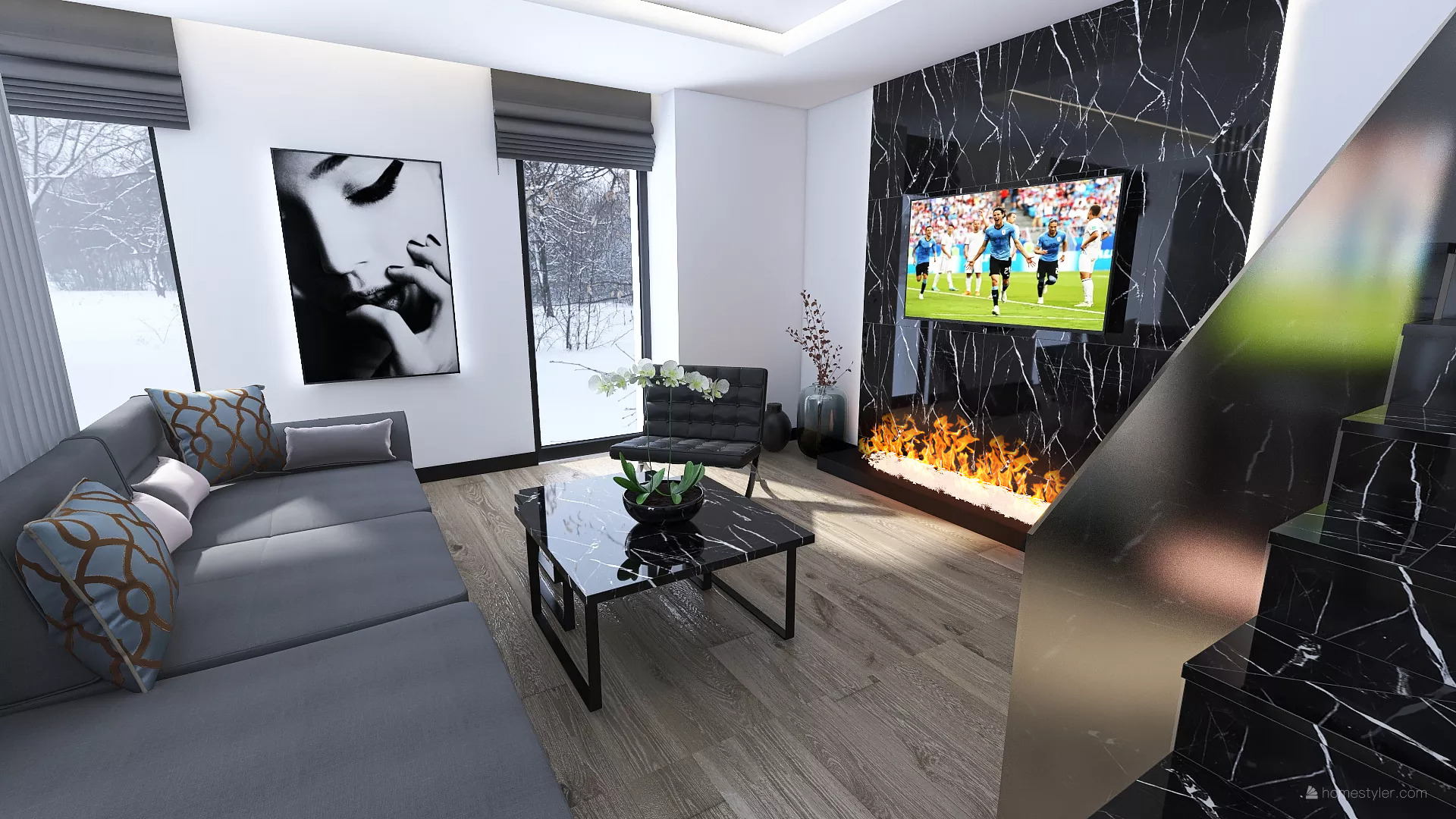 Salon z szarą sofą narożną, czarnym stolikiem kawowym z marmurowym blatem, ścianą z czarnego marmuru z wbudowanym telewizorem i elektrycznym kominkiem oraz czarnym fotelem na tle okna z widokiem...