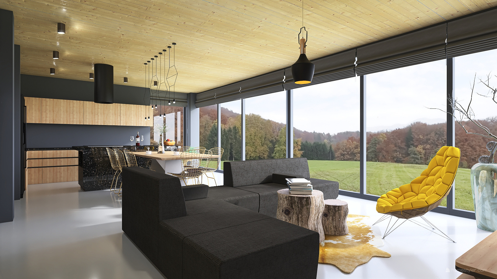 Nowoczesny salon z drewnianym sufitem, panoramicznym oknem z widokiem na jesienny krajobraz, szarą sofą modułową, żółtym fotelem i stołkami z pniaków.