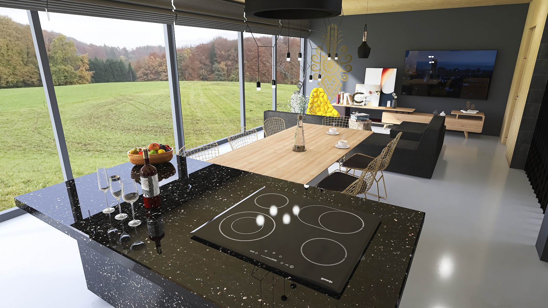 Wnętrze nowoczesnego domu z otwartą kuchnią, jadalnią i salonem, widok na zielony krajobraz za dużymi oknami, czarny blat kuchenny z płytą indukcyjną i owocami, drewniany stół jadalny z filiżankami...