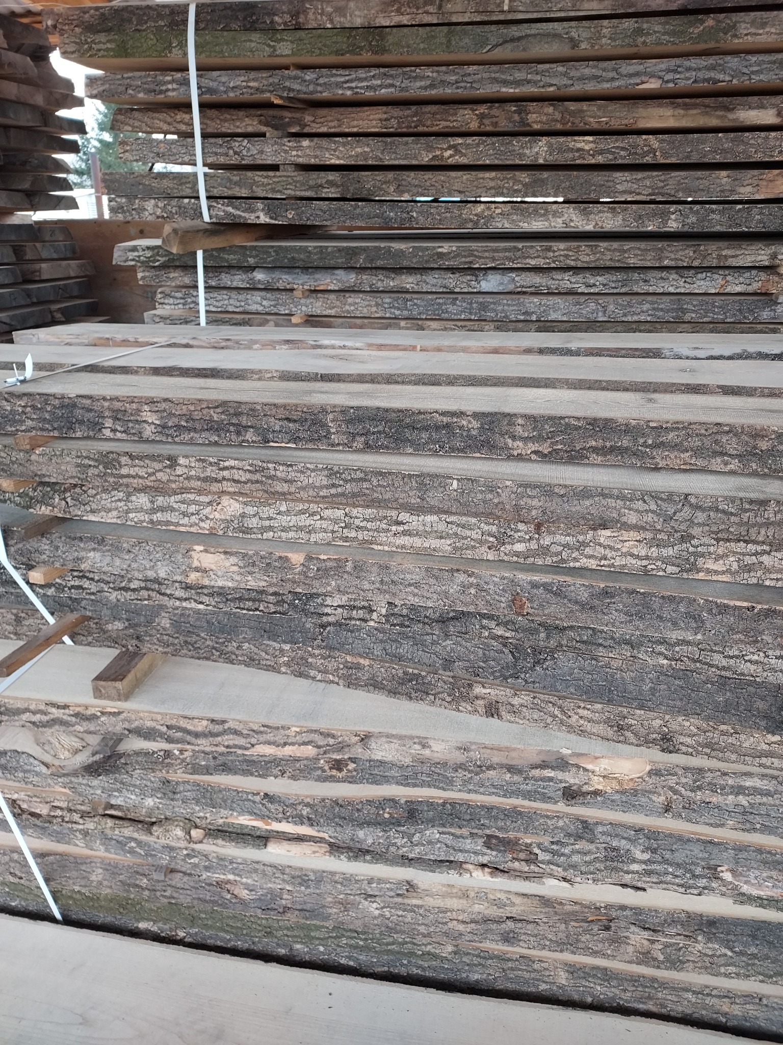 Stos tarcicy z kory na krawędziach, zabezpieczony białą taśmą, widoczny układ słojów drewna.