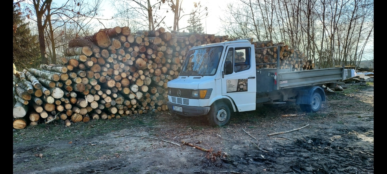 Biały dostawczy Mercedes obok stosu pociętego drewna, częściowo załadowany na skrzyni ładunkowej, z widocznym logo firmy na drzwiach.