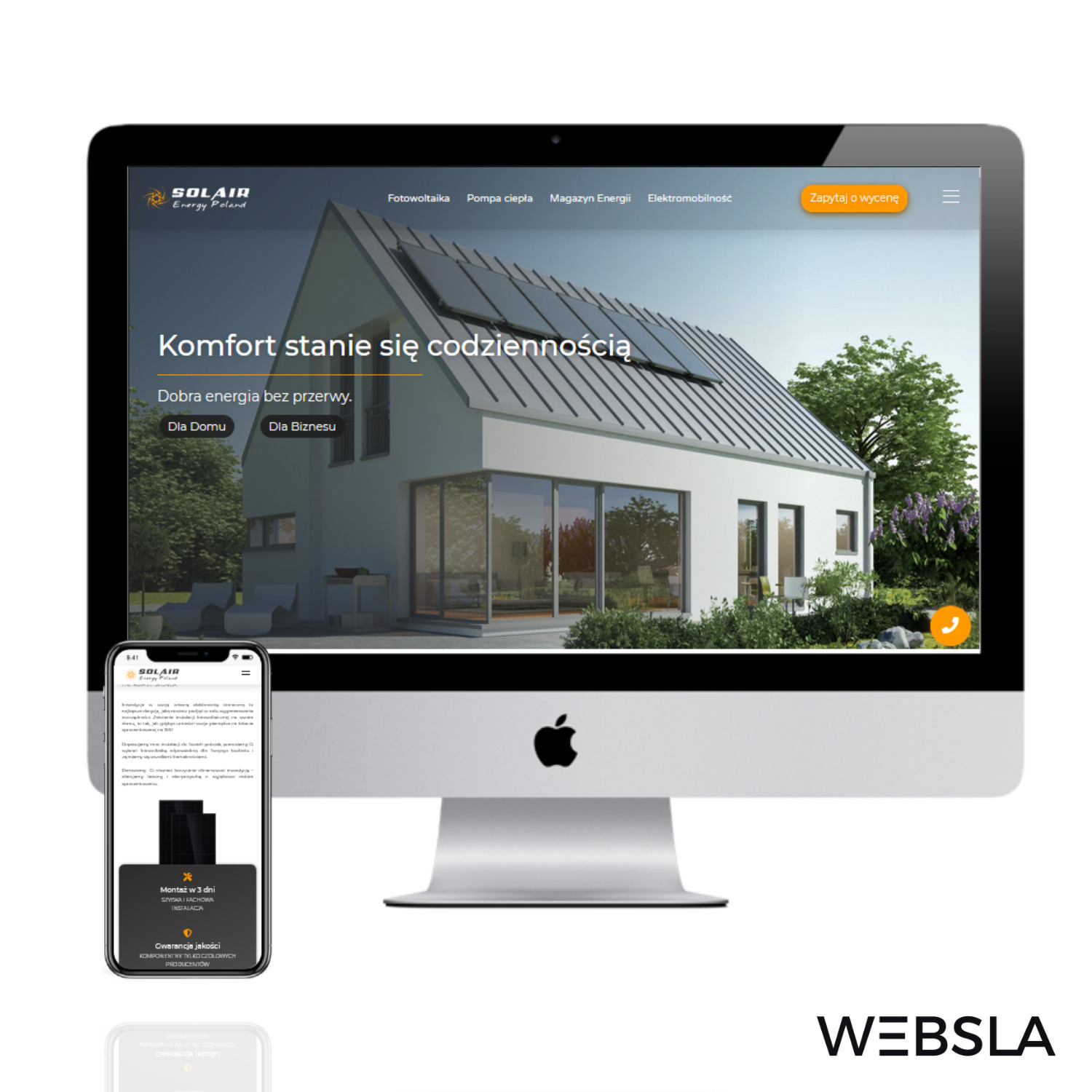 Projekt i realizacja rozbudowanej strony internetowej dla firmy Solair Energy Poland.