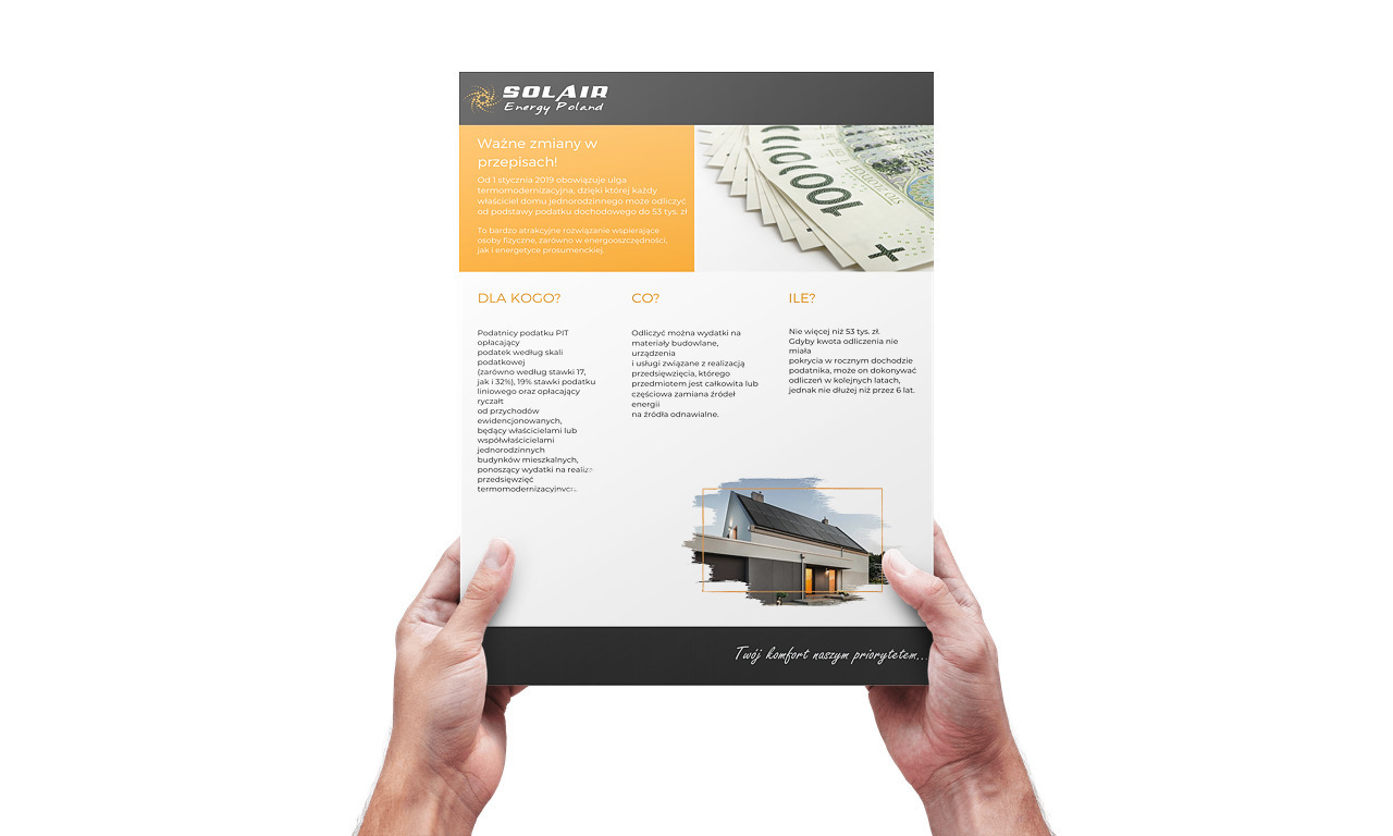 Projekt graficzny broszury informacyjnej dla firmy Solair Energy Poland.