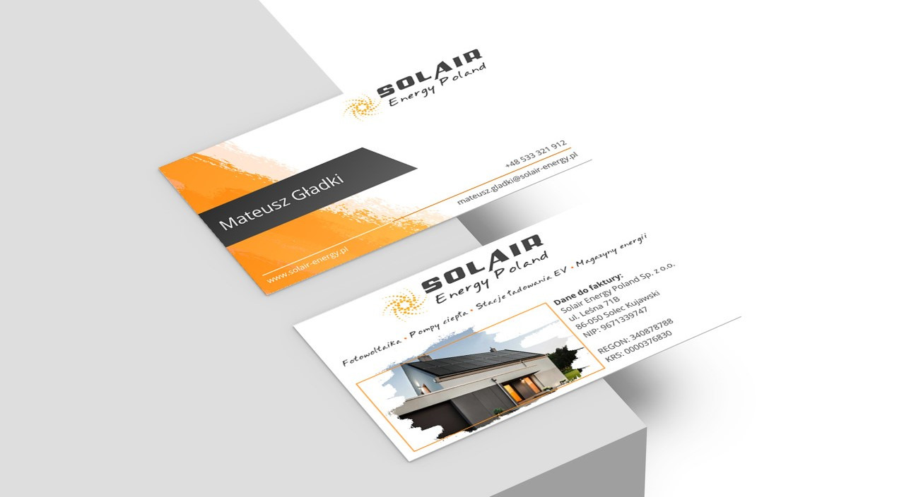 Projekt i wydruk wizytówek dla firmy Solair Energy Poland.