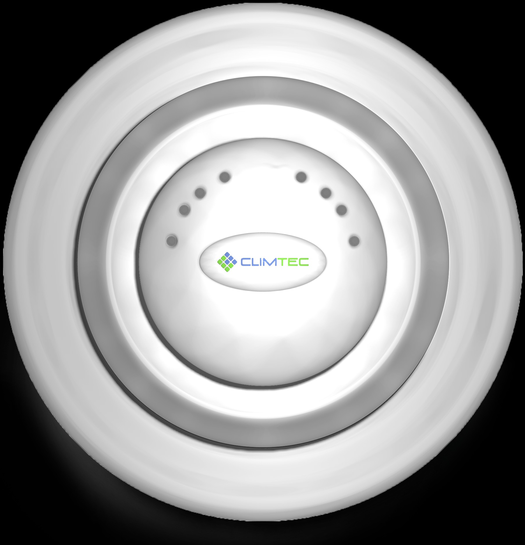 Biały, okrągły anemostat sufitowy z logo Climtec i otworami wentylacyjnymi, widok z dołu na czarnym tle.