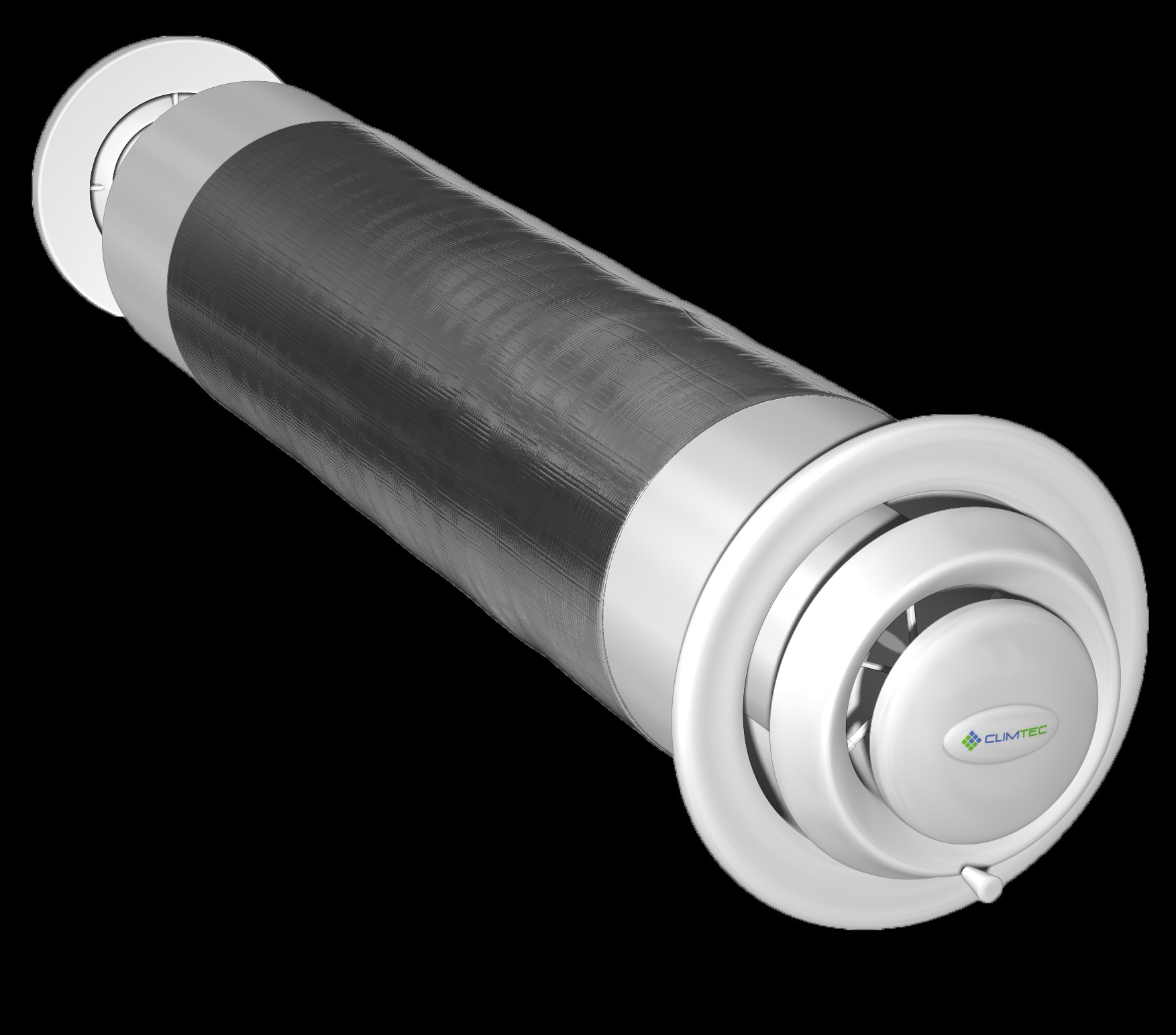 Prezentacja 3D kanału wentylacyjnego z dyfuzorem, widoczne logo ClimaTec na okrągłym elemencie.