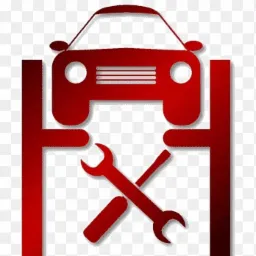 Czerwony, graficzny symbol warsztatu samochodowego: auto na podnośniku, skrzyżowane klucze.