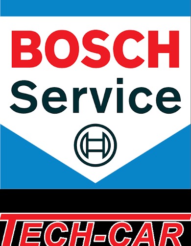 Logo Bosch Service nad napisem TECH-CAR w czerwono-białej kolorystyce.