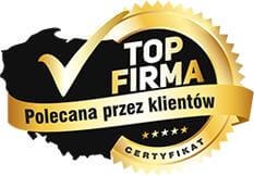 Złoto-czarny certyfikat 'TOP FIRMA Polecana przez klientów' z pięcioma gwiazdkami i symbolem odhaczenia na tle konturu Polski.
