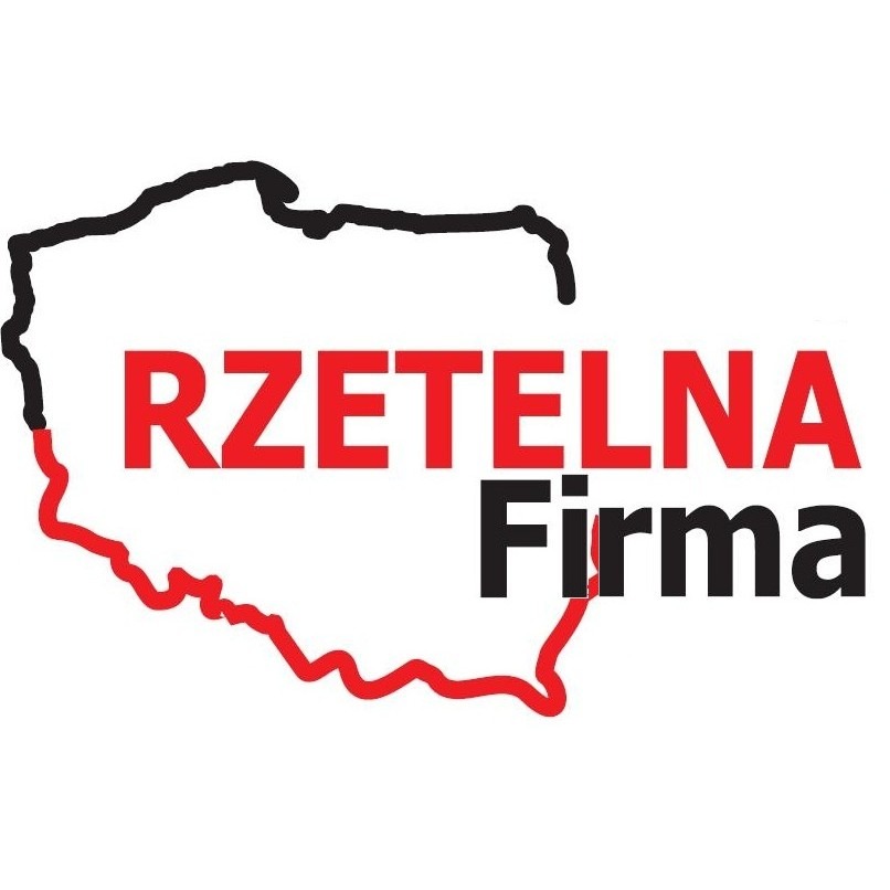 Logo firmy z napisem 'RZETELNA Firma' nad mapą Polski obrysowaną czarno-czerwonym konturem.