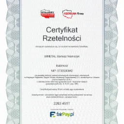Skan certyfikatu rzetelności firmy BIMETAL Bartosz Niemczyk z Babimostu, z datą wystawienia 24.02.2022, zawierający logo Krajowego Rejestru Długów i Rzetelna Firma oraz informację o uczestnictwie...