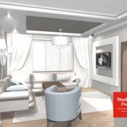 Wizualizacja salonu w Wyszkowie z białymi meblami, kryształowym żyrandolem i telewizorem w ozdobnej ramie, prezentująca koncepcję aranżacji wnętrza.