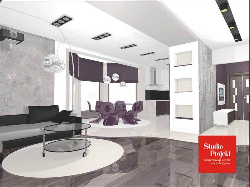 Wizualizacja przestronnego salonu z aneksem kuchennym, szara sofa z czarnymi poduszkami, okrągły stolik kawowy na kółkach, fioletowe krzesła przy okrągłym stole, nowoczesne oświetlenie sufitowe.