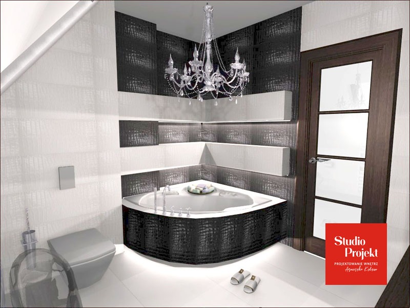 Wizualizacja łazienki z narożną wanną obudowaną czarną mozaiką, kryształowy żyrandol, białe półki wnękowe i białe płytki na ścianie z subtelną fakturą