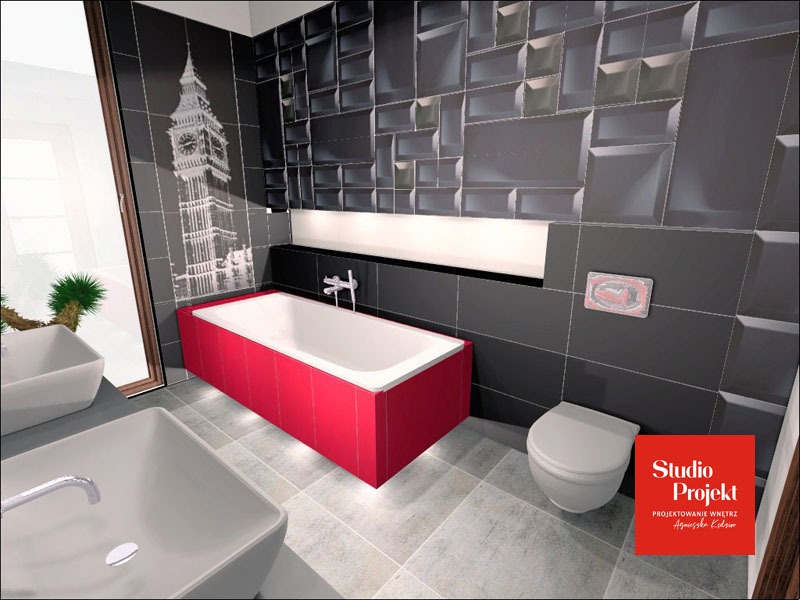 Wizualizacja łazienki z czarnymi, trójwymiarowymi płytkami, czerwoną obudową wanny z podświetleniem LED, białymi umywalkami i toaletą oraz grafiką Big Bena na ścianie.