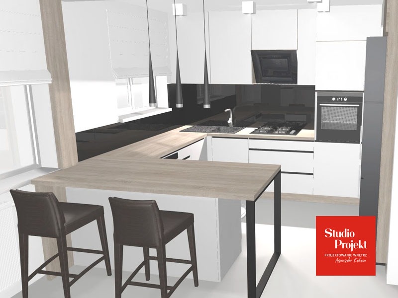 Wizualizacja nowoczesnej kuchni z wyspą, czarnym panelem nad blatem i minimalistycznym oświetleniem wiszącym, z dwoma krzesłami barowymi.