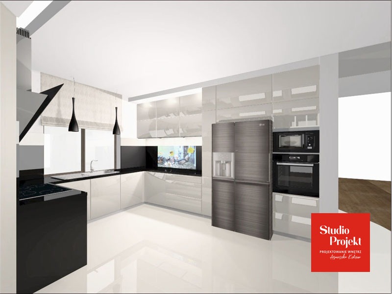 Wizualizacja nowoczesnej kuchni z białymi błyszczącymi szafkami, czarnym blatem, akwarium w zabudowie i szarą lodówką LG, oświetlenie punktowe i wiszące lampy.