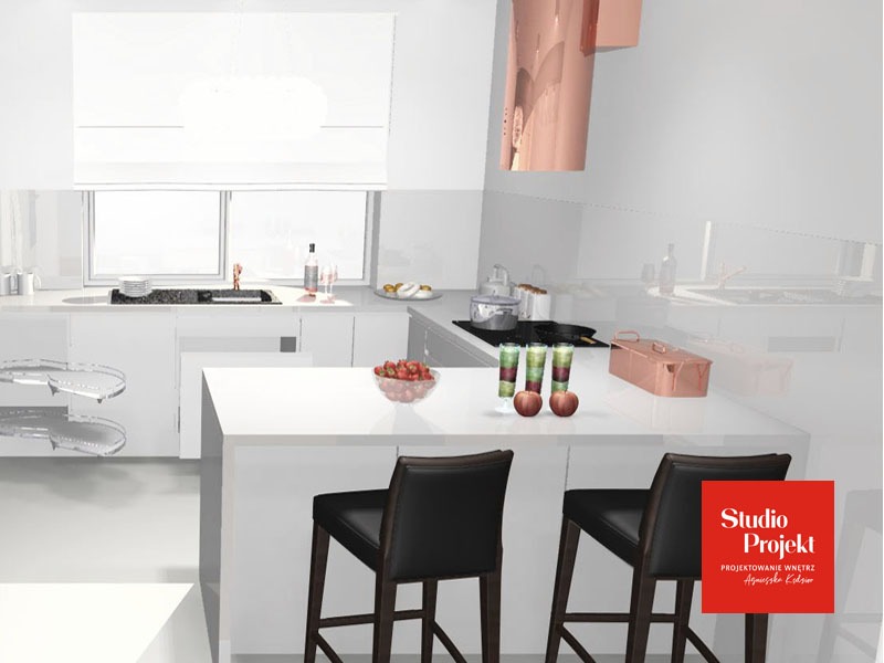 Wizualizacja nowoczesnej, białej kuchni z wyspą i czarnymi hokerami w Wyszkowie, z dekoracyjnymi owocami i napojami na blacie.