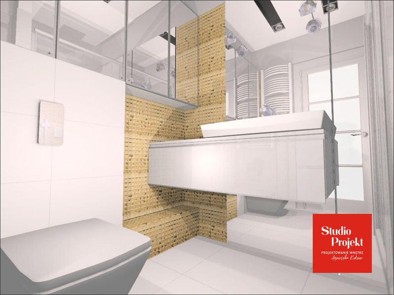 Wizualizacja łazienki z białymi płytkami, drewnianą mozaiką, podwieszaną szafką z umywalką i toaletą w stylu minimalistycznym, oświetlenie punktowe, logo projektanta w prawym dolnym rogu.