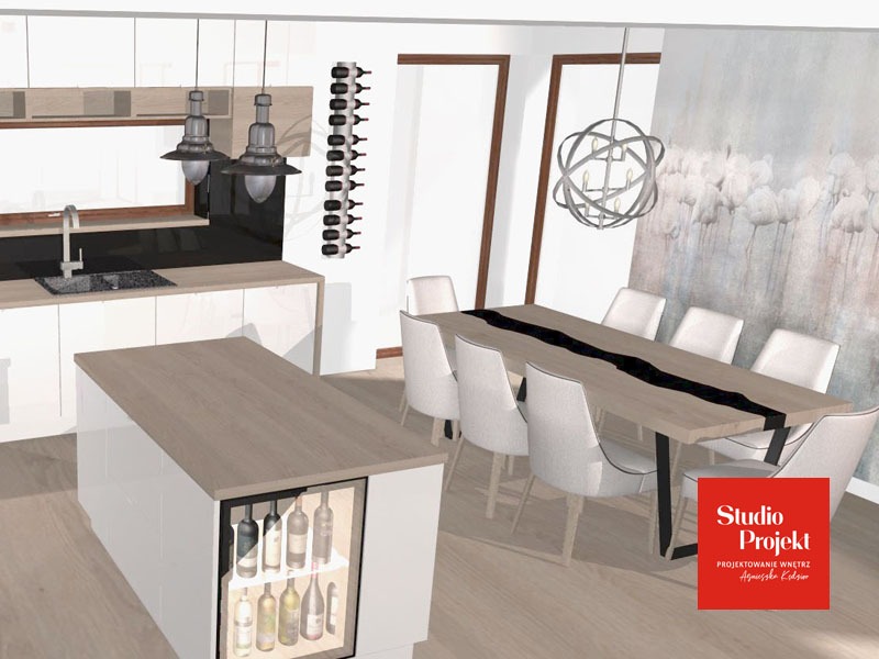 Wizualizacja nowoczesnej kuchni z wyspą, barkiem na wino i stołem z krzesłami, oświetlona lampami wiszącymi, z dekoracyjną tapetą w tle i pionowym stojakiem na wino na ścianie.
