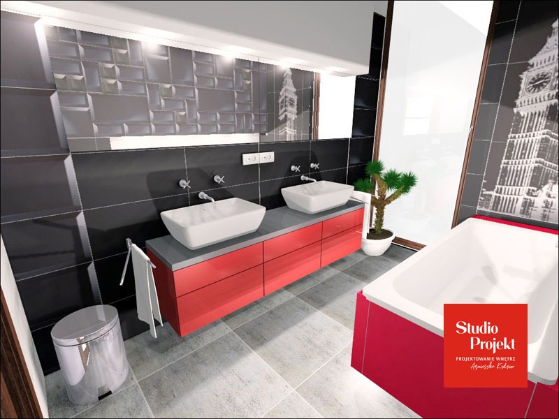 Wizualizacja łazienki z dwoma białymi umywalkami nablatowymi na czerwonej szafce, czarne płytki z motywem Big Bena, srebrny kosz na śmieci i roślina w doniczce.