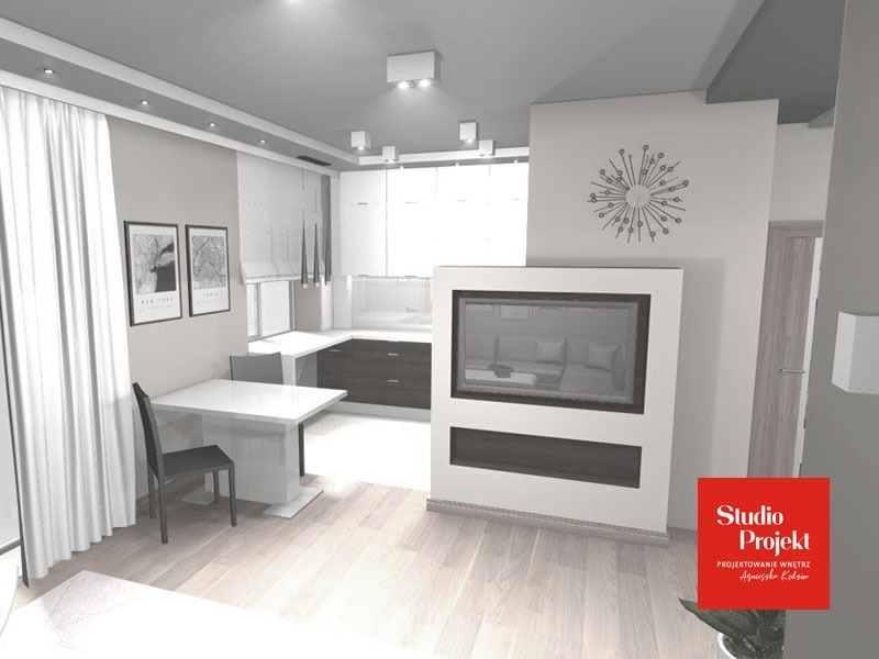 Wizualizacja wnętrza: kuchnia z jadalnią w tonacji szarości i bieli, minimalistyczny stół z krzesłem, zabudowa kuchenna z ciemnym blatem, dekoracyjny zegar na ścianie, telewizor w obudowie i zasłony