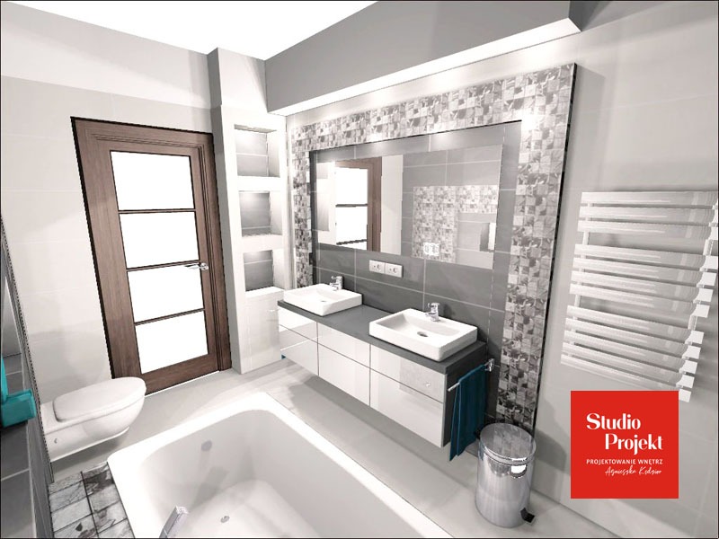 Wizualizacja łazienki z wanną, podwójną umywalką na szafce z szufladami, dużym lustrem w mozaikowej ramie i grzejnikiem drabinkowym, utrzymana w szaro-białej kolorystyce.