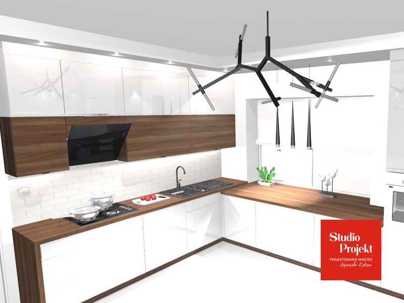 Wizualizacja nowoczesnej kuchni w bieli i drewnie, z oryginalną lampą sufitową, płytkami ściennymi imitującymi cegłę i elementami dekoracyjnymi na blacie. Na pierwszym planie logo firmy projektowej.