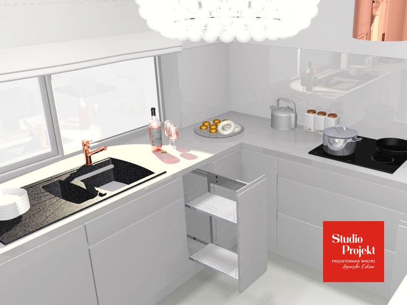 Wizualizacja nowoczesnej, białej kuchni z elementami miedzianymi: bateria, okap, z otwartą szafką cargo, czarnym zlewem i płytą indukcyjną. Na blacie butelka wina i przekąski.