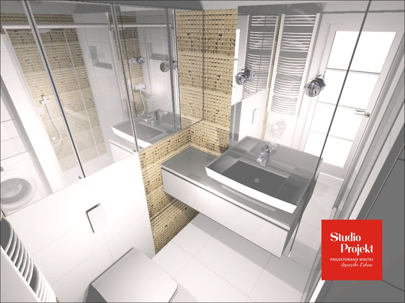 Wizualizacja małej łazienki z kabiną prysznicową, umywalką nablatową i pralką, wykończona beżową mozaiką i białymi płytkami, z logo 'Studio Projekt' w prawym dolnym rogu.