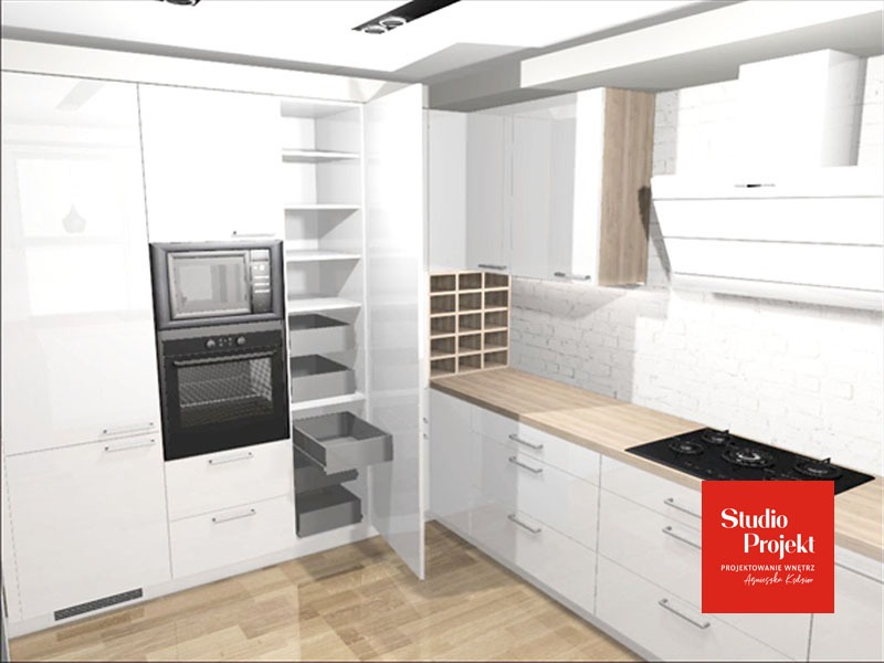 Wizualizacja nowoczesnej kuchni z białymi, lakierowanymi frontami, drewnianym blatem, piekarnikiem i mikrofalówką w zabudowie oraz otwartym regałem na wino, na tle ściany z białej cegły i...