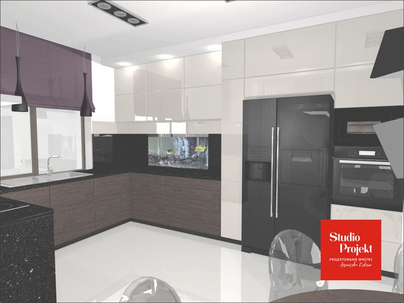 Wizualizacja nowoczesnej kuchni z akwarium wbudowanym w blat, białe i drewnopodobne szafki, czarny sprzęt AGD, fioletowa roleta rzymska, designerskie lampy wiszące.