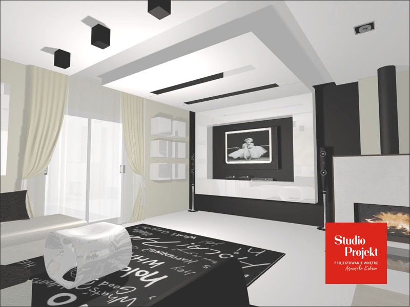 Wizualizacja salonu w odcieniach bieli i czerni z kominkiem, telewizorem z obrazem baletnicy i dywanem z napisami, oświetlonego punktowymi lampami sufitowymi.