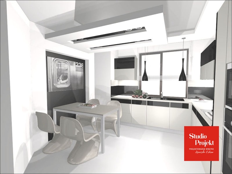 Wizualizacja nowoczesnej kuchni z czarno-białymi akcentami, minimalistycznymi lampami wiszącymi i stołem jadalnym z krzesłami o organicznym kształcie, uzupełniona czarno-białym zdjęciem metra...