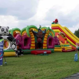 Rozległy, kolorowy park rozrywki z nadmuchiwanymi atrakcjami dla dzieci, w tym panda, goryl, słonie i zjeżdżalnia, ustawiony na trawiastym terenie z drzewami w tle.