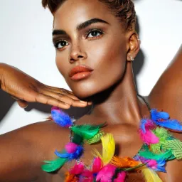 Portret kobiety z ciemną karnacją, w ekstrawaganckim naszyjniku z kolorowych pi&oacute;r, pozującej z ręką uniesioną nad głową i dłonią pod brodą, na jasnym tle.