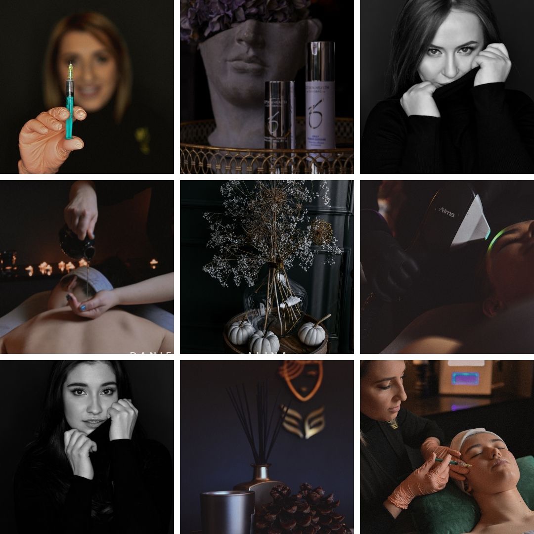 Kolaż dziewięciu zdjęć: zabieg w gabinecie kosmetycznym z użyciem igły, kosmetyki na złotej tacy, portret kobiety w czerni, masaż pleców z olejkami, dekoracja z suszonych kwiatów i dyń, zabieg...