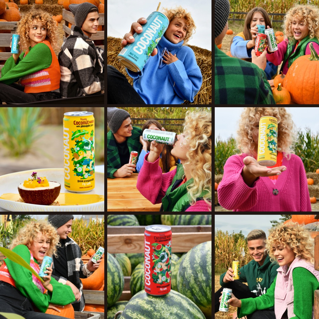 Kolaż zdjęć przedstawiających młodych ludzi pijących napój kokosowy Coconaut w różnych sceneriach jesiennych, w tym na tle dyń, kukurydzy i arbuzów, z bliska i z daleka, eksponując opakowania napoju.