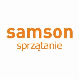 Pomarańczowe logo firmy 'Samson Sprzątanie' na białym tle.