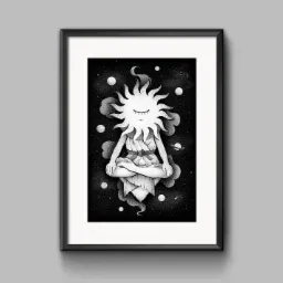 Czarno-biała ilustracja w ramce przedstawiająca stylizowaną postać słońca z zamkniętymi oczami w pozycji lotosu, unoszącą się na chmurze w przestrzeni kosmicznej z planetami i gwiazdami.