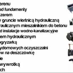 Zestawienie graficzne z listą usług budowlanych po lewej oraz zdjęciami różnego rodzaju sprzętu budowlanego po prawej stronie, w tym łyżka koparki, mulczer, wiertnica, mieszalnik do betonu, widły...