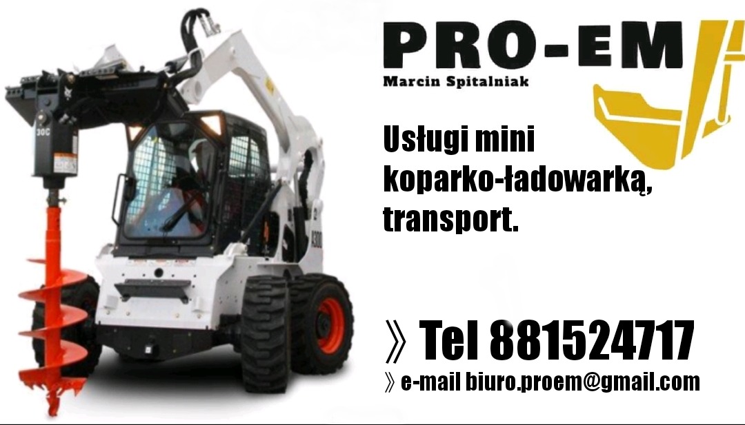 Biała mini koparko-ładowarka z wiertłem ślimakowym, widoczne logo firmy PRO-EM oraz dane kontaktowe.