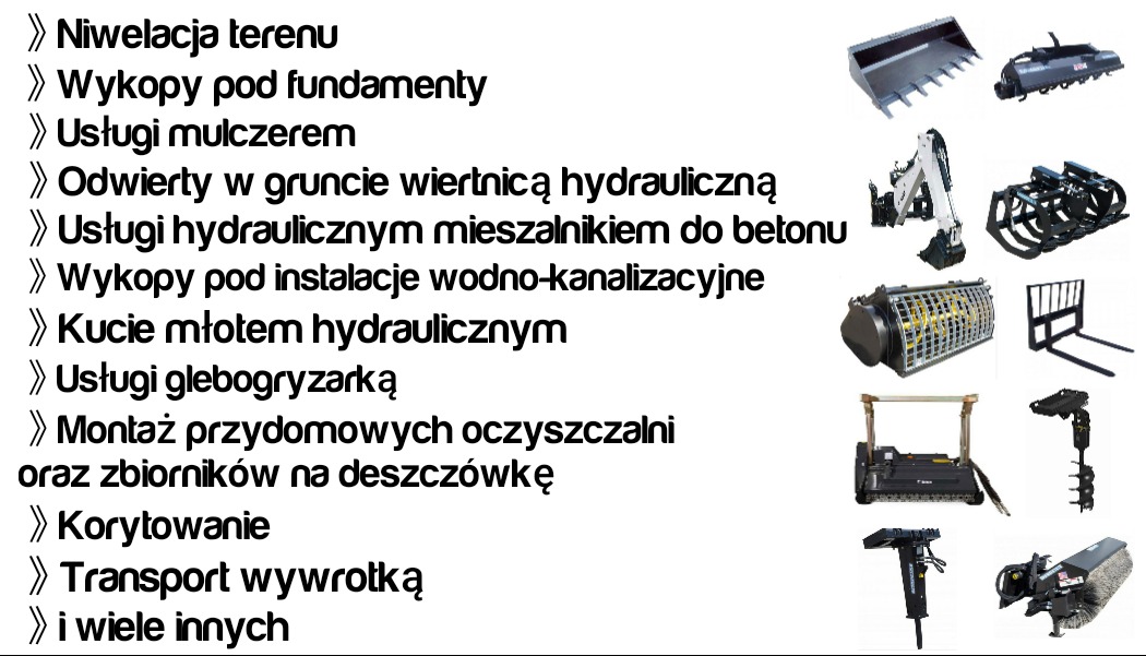 Zestawienie graficzne z listą usług budowlanych po lewej oraz zdjęciami różnego rodzaju sprzętu budowlanego po prawej stronie, w tym łyżka koparki, mulczer, wiertnica, mieszalnik do betonu, widły...