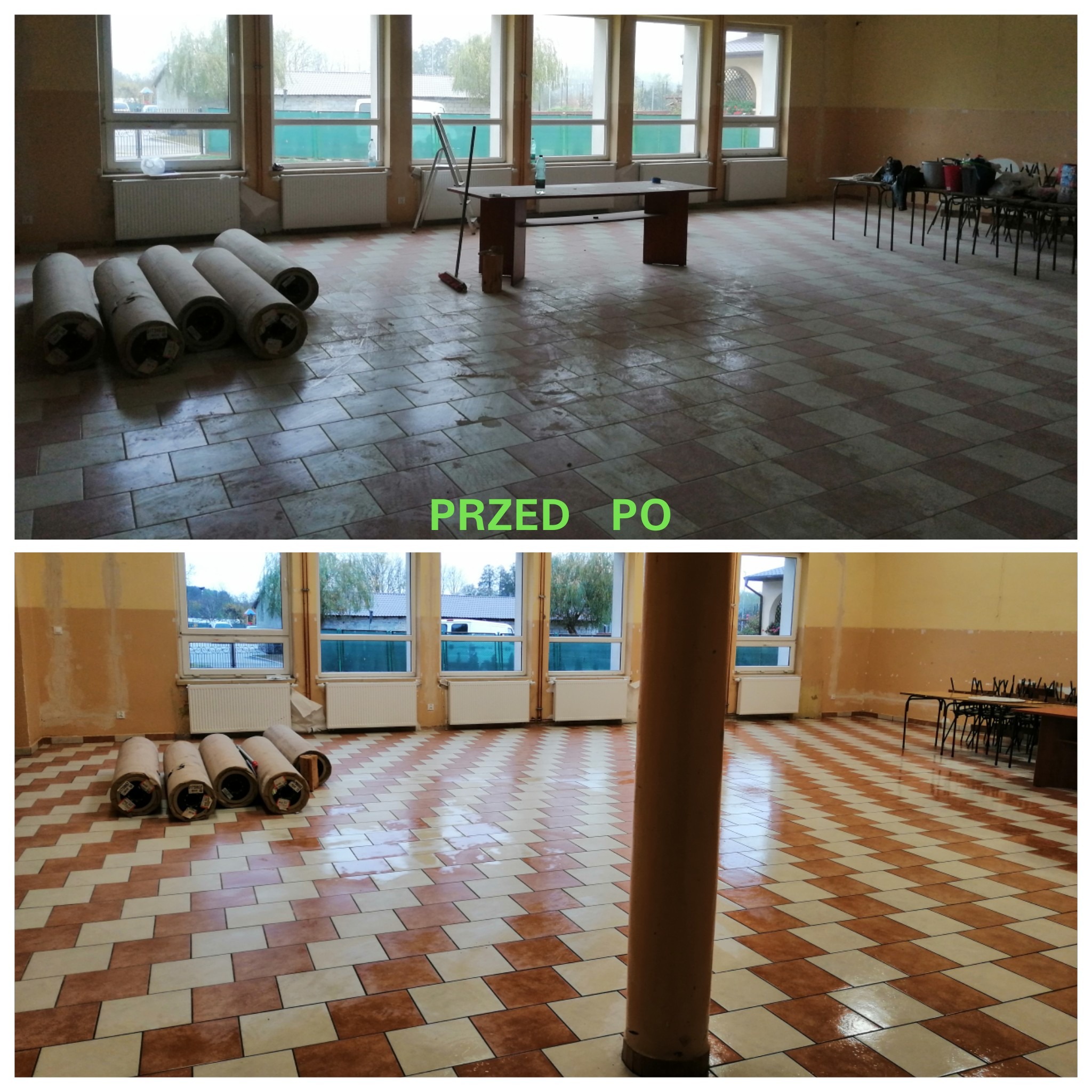 Sala z kafelkową podłogą przed i po czyszczeniu, widoczne rolki materiału zabezpieczającego podłogę w rogu pomieszczenia, ślady po remoncie na ścianach.