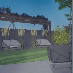 Wizualizacja ogrodu z drewnianą pergolą porośniętą pnączami, na której zawieszone są huśtawki ogrodowe z poduszkami, a w tle widoczny jest budynek gospodarczy i trawy ozdobne.