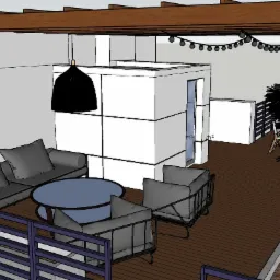 Wizualizacja projektu tarasu na dachu z drewnianą podłogą, meblami wypoczynkowymi, oświetleniem dekoracyjnym i roślinami w donicach.