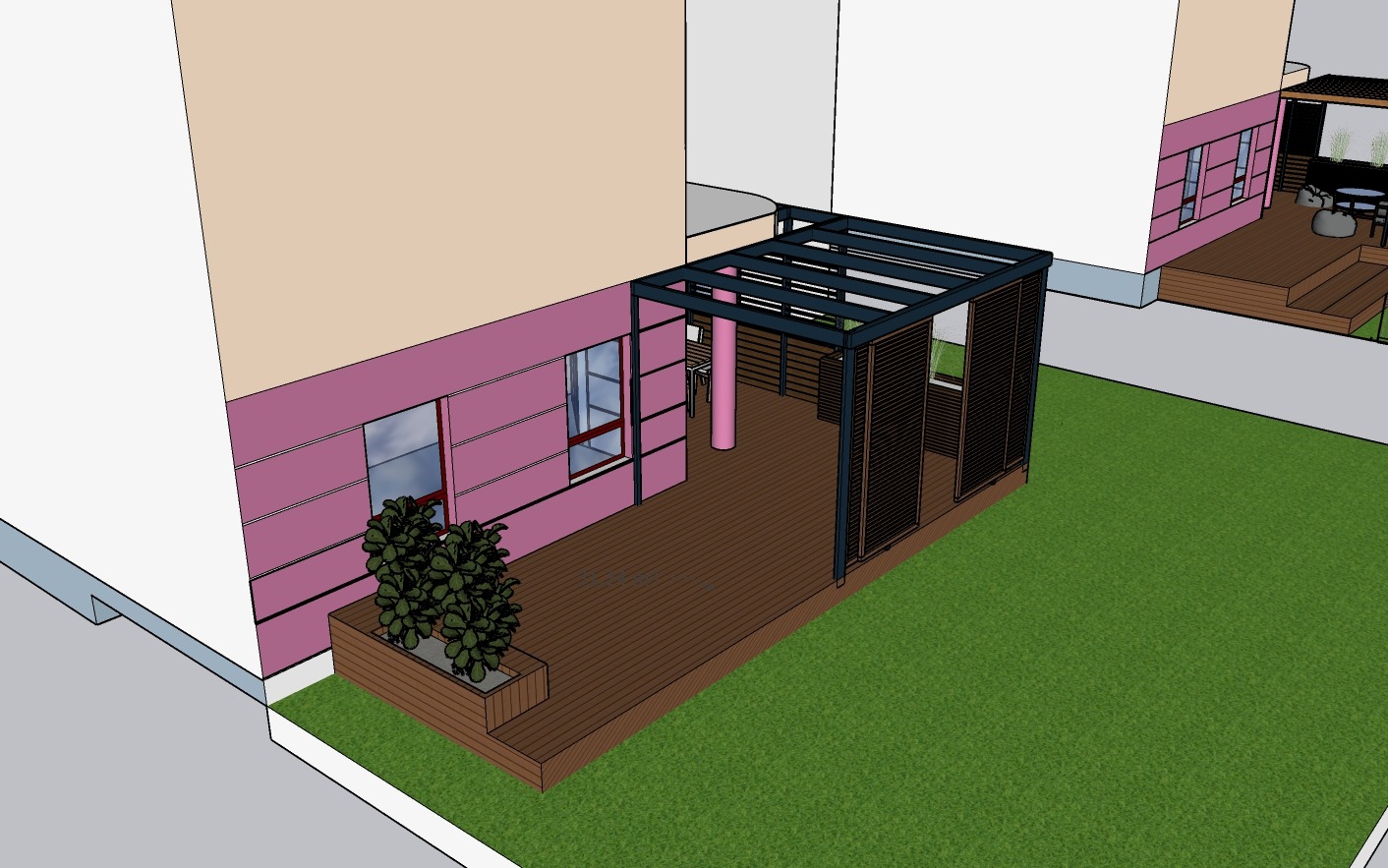 Wizualizacja 3D przydomowej przestrzeni z drewnianym tarasem, nowoczesną altaną z żaluzjami, zielonym trawnikiem i roślinami w donicy, prezentująca projekt zagospodarowania terenu.